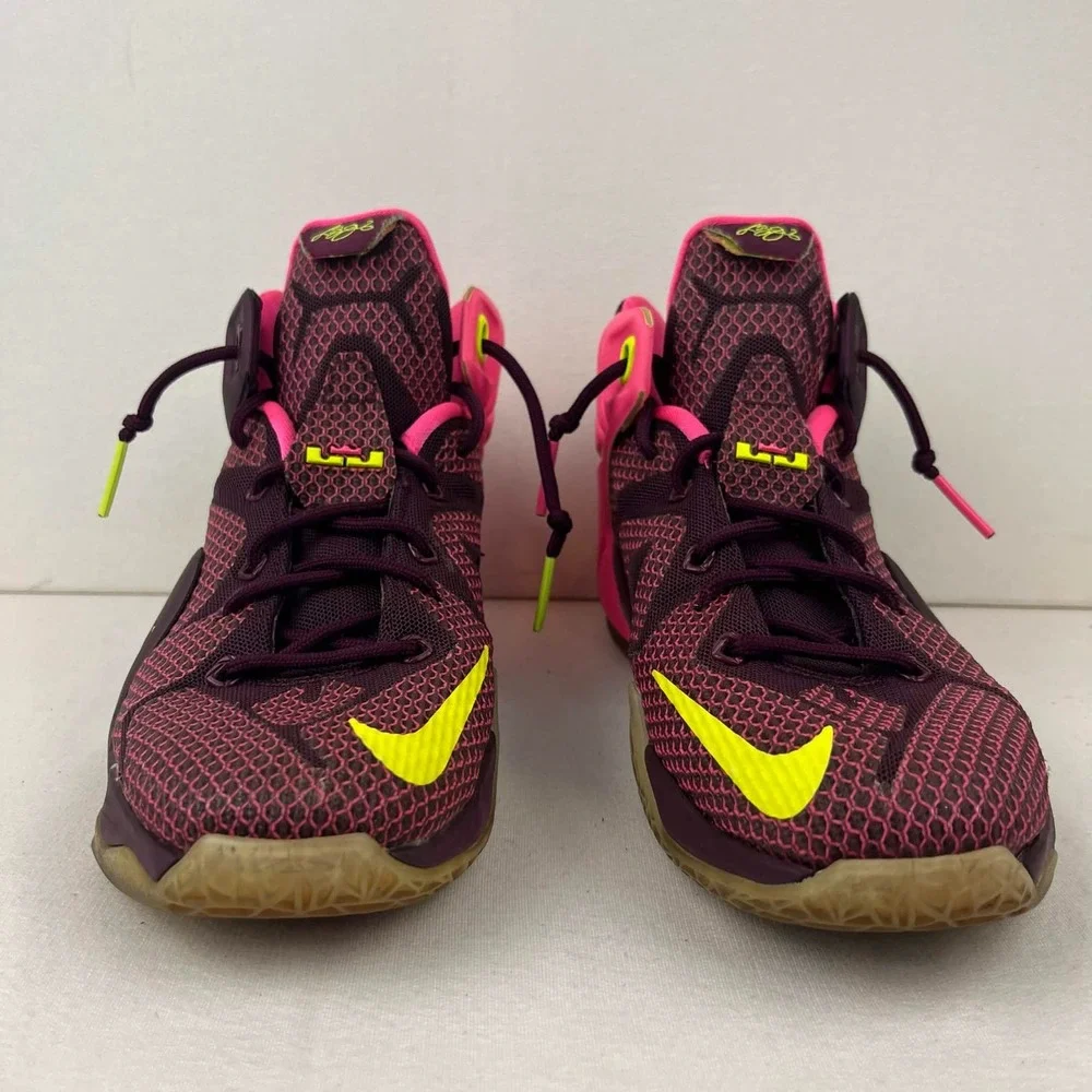 GUC Nike LeBron 12 Double Helix Basketball Shoes Maroon Pink Volt Boys Size 5Y